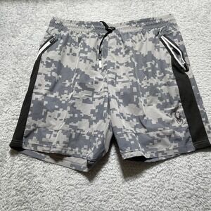 Spyder Active Mens Digital Camo Athletic Shorts Grey Black Zipper Pockets L